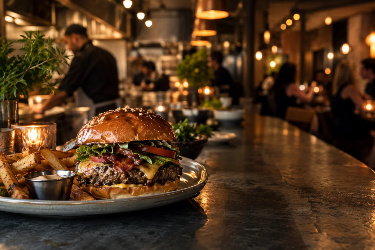 Hamburguesa servida en la barra de un restaurante durante el servicio de cena